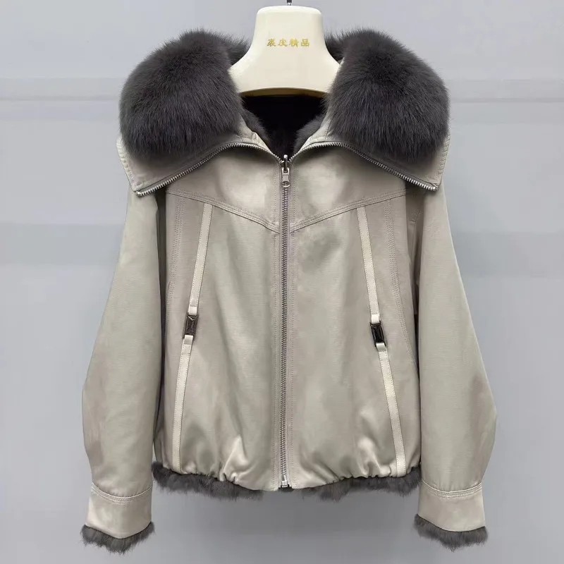 2026 High-Quality Double-sided Wear Rabbit Fur Coat Women's Winter Short Parka Detachable Fox Fur Collar Jackets Loose Outerwear