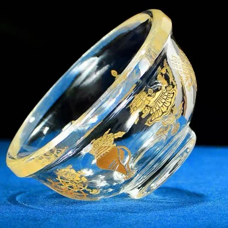 Buddhism Altars Crystal Bowl,Engraving Golden Auspicious Exquisite Texture Cup,Tibetan Handicraft Holy Water Bowl Buddhist Item - Image 5