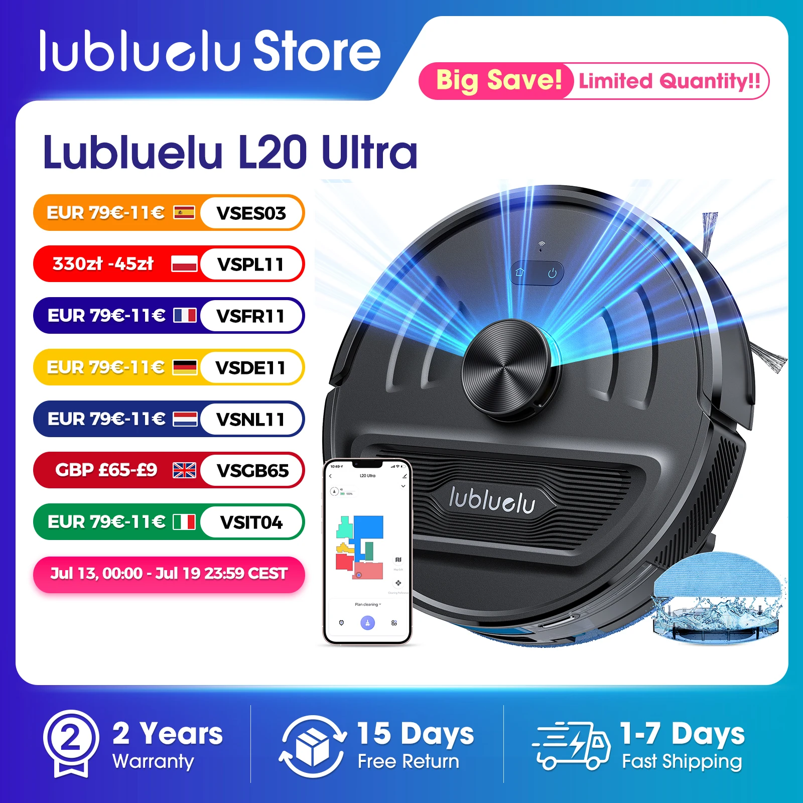 Lubluelu L20 Ultra Roboter-Staubsauger, 6000 Pa Saugleistung für Tierhaare/Teppiche, LiDAR-Navigation, selbstaufladend, 120 Min., 34 Keine Zonen