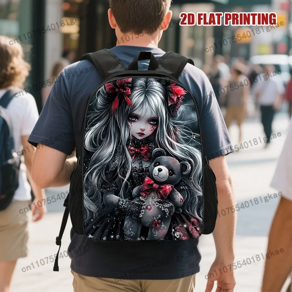 [Gothic Girl Backpack] 1pc Gothic Girl Backpack with Teddy Bear | Stylish Black & Red 2D Flat Print, Adjustable Straps, Zipper C