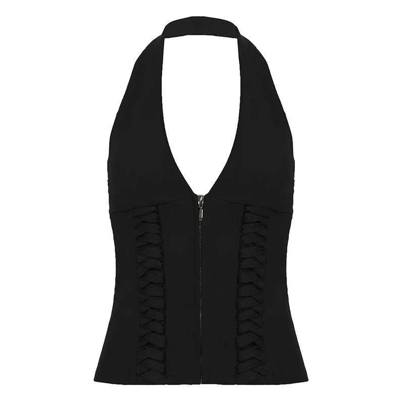 Strap Up Waist Hanging Neck Deep V-Neck Vest, Spicy Girl Slimming Short Fit Versatile Top