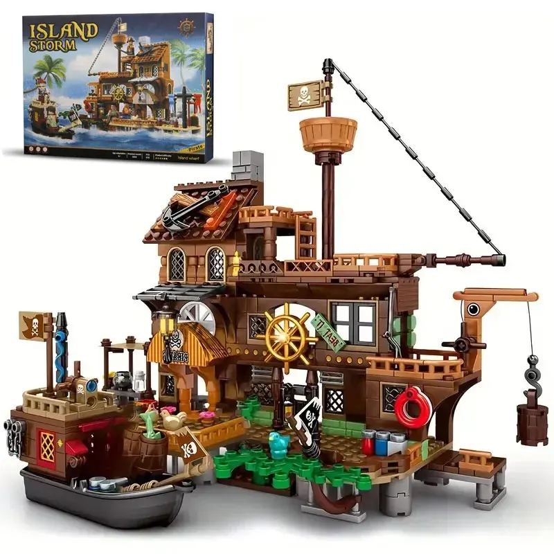 

675PCS Creative Medieval Pirate Island Wood Sea House With Ship Building Blocks MOC Assemble Bricks Toy Gift For Children Kids