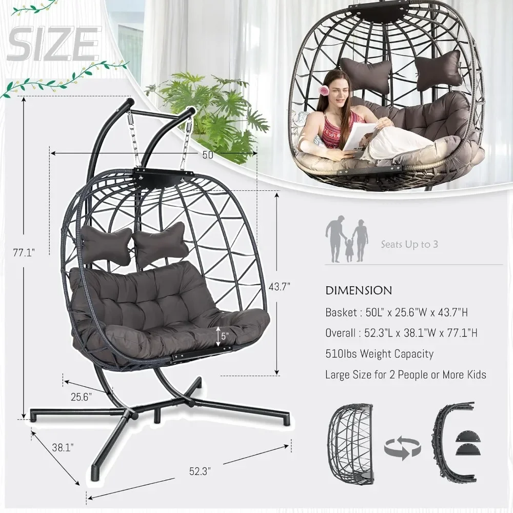 Double Egg Chair with Stand Indoor Outdoor 2 Person Large Wicker Hanging Swing Chair Oversized Twins Patio 2 Seat