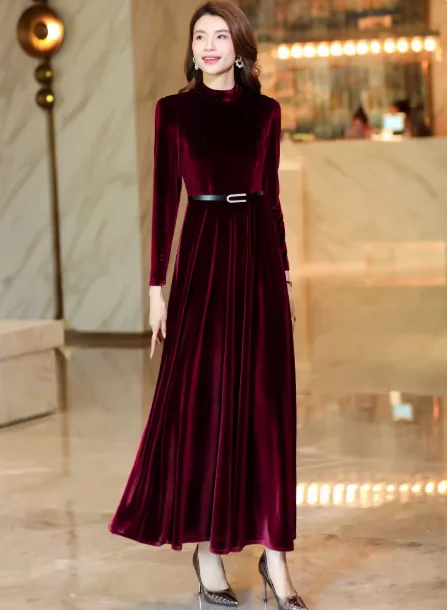 Herfst Winter Woon-werkstijl Afslankende bordeauxrode fluwelen lange jurk Feestdatum Lange mouw Ronde hals Marineblauwe taillejurk