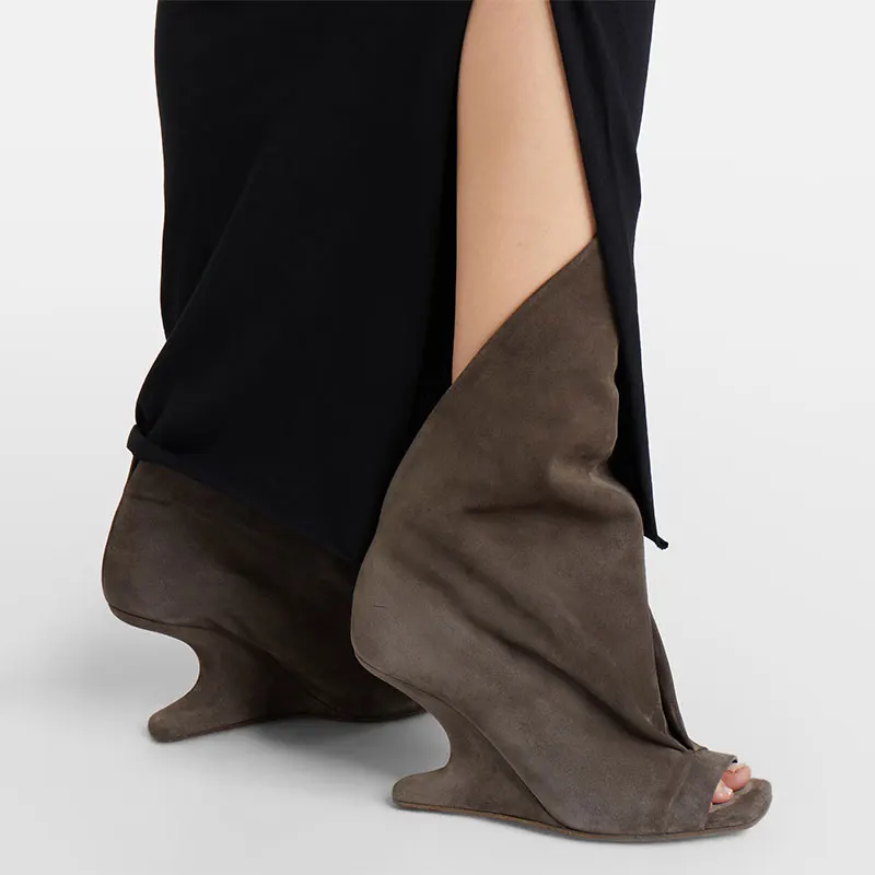 Arden Furtado Summer Brown Suede Peep Toe Boots Square Toe Slip-On Alien Heel Cool Boots Wedges Short Boots Large Size