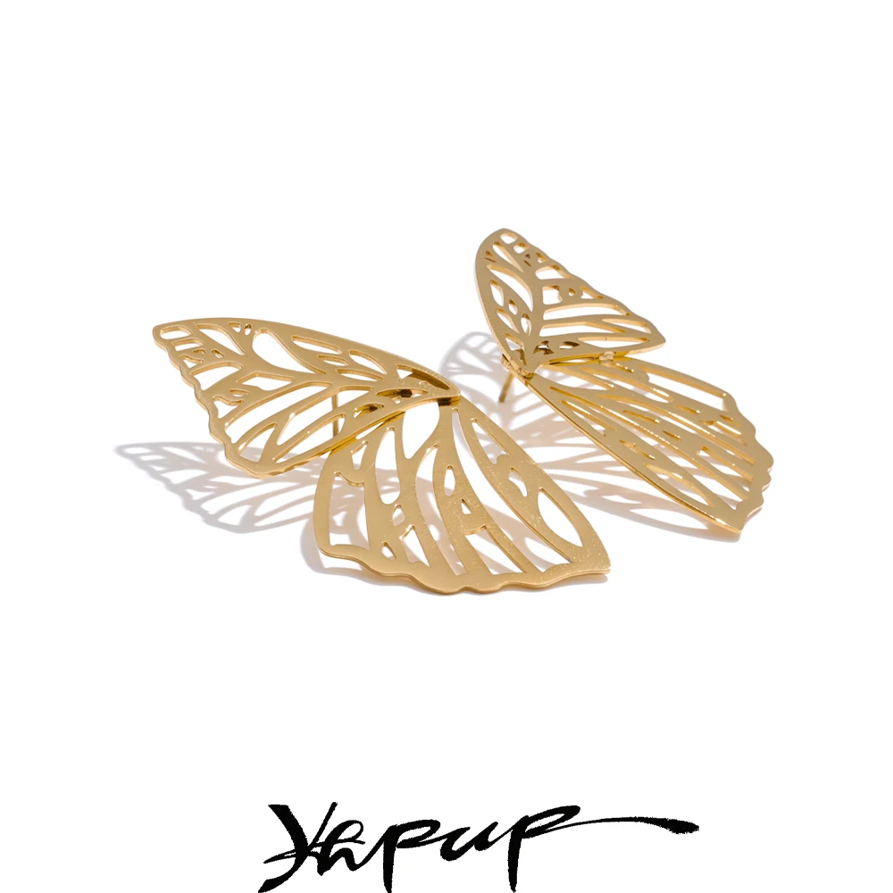 Yhpup acier inoxydable métal brillant poli creux grand papillon boucles d'oreilles PVD plaqué prévenir l'allergie bijoux attrayants