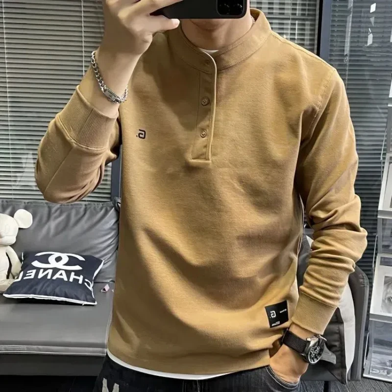 

2024 Spring and Autumn Solid Color Button Letter Embroidery Long Sleeve Pullovers Hoodies Men's Loose Casual All-match Tops