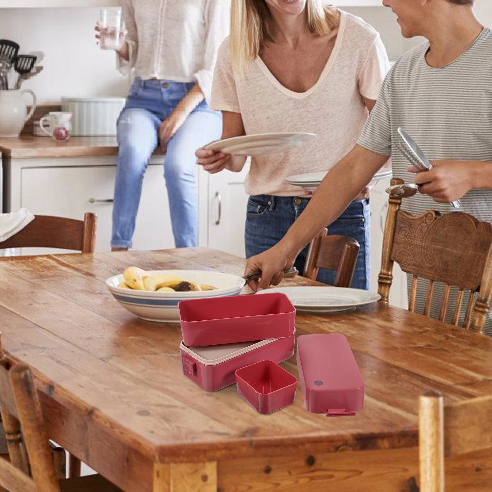 

Heating 900ml Red Double Layer Food Container Portable Microwave Safe Leak proof Meal Box for School Office Camping