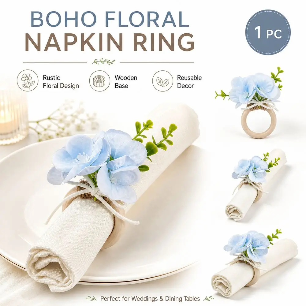 New Wooden Base Fabric Flowers Napkin Rings Rustic Style Handmade Napkin Holders Tablecloth Decoration Wedding Table Decor