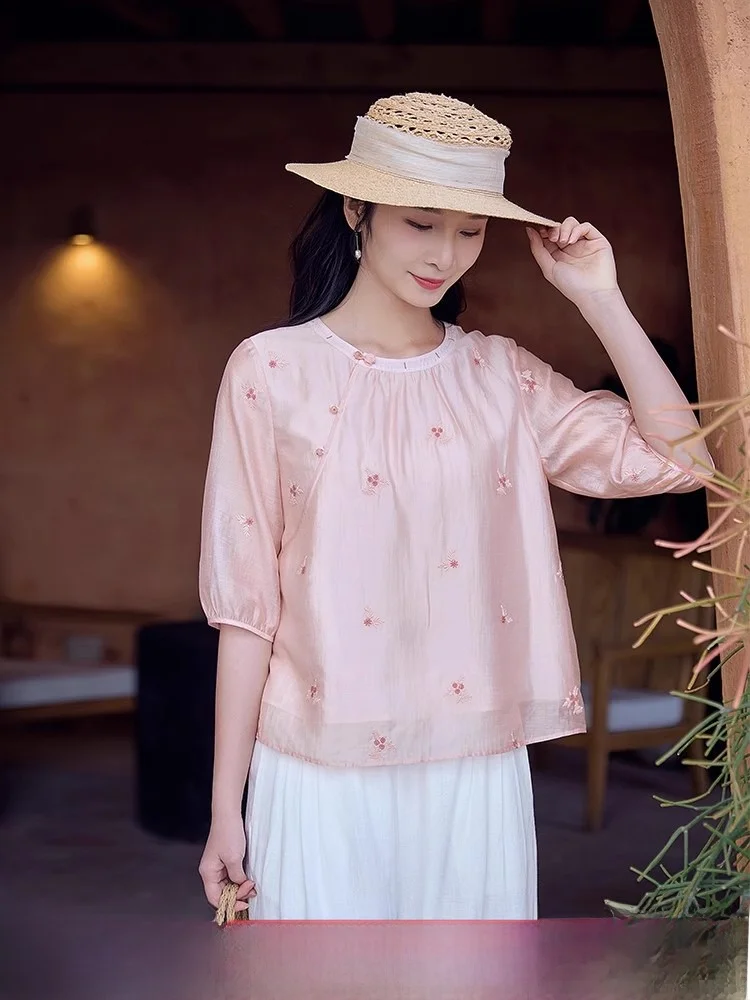 

Red Teaded Casual Loose ort Sve irt Women's Top Summer 2025 New Sle Artistic Commute Sle round Ne Pure ...