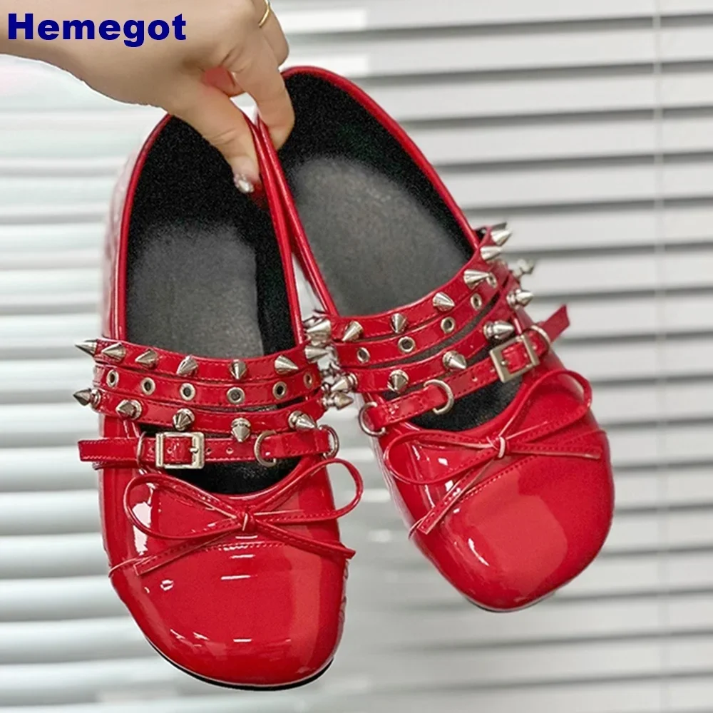 

Metal Rivet Butterfly Knot Mary Janes 2024 Spring New Black/red Fashion Women Flat Shoes Round Toe Belt Buckle Ballet Shoes