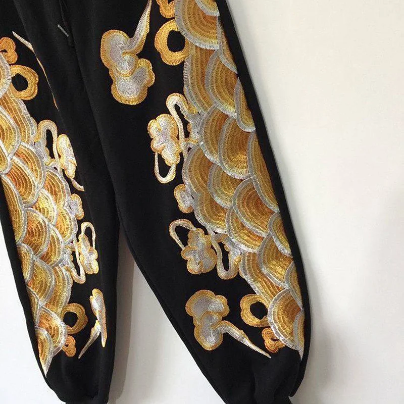 2025 Chinese Ethnic Style Pants, Loose Cuffed 9/10 Length with Auspicious Cloud & Dragon Embroidery