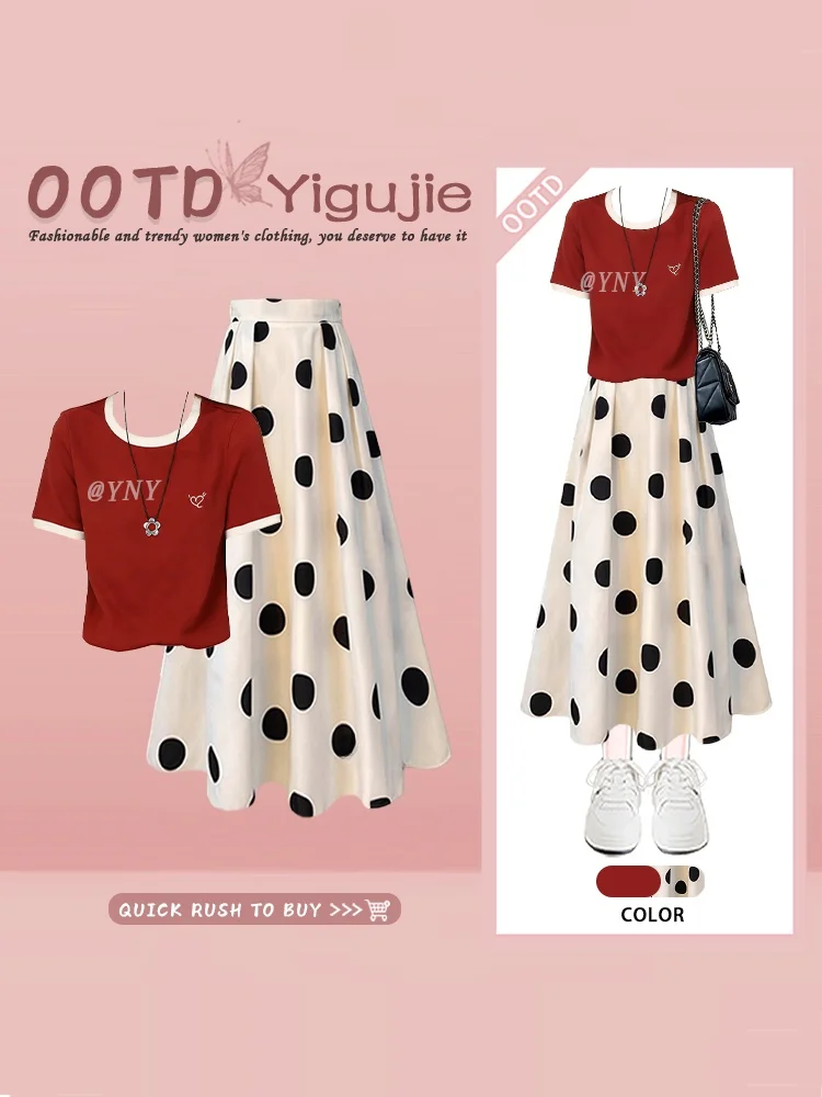 Conjunto de dos piezas de camiseta retro de manga corta con cuello de corazón a rayas rojas y blancas y falda a media pierna con lunares, moda de verano para mujer
