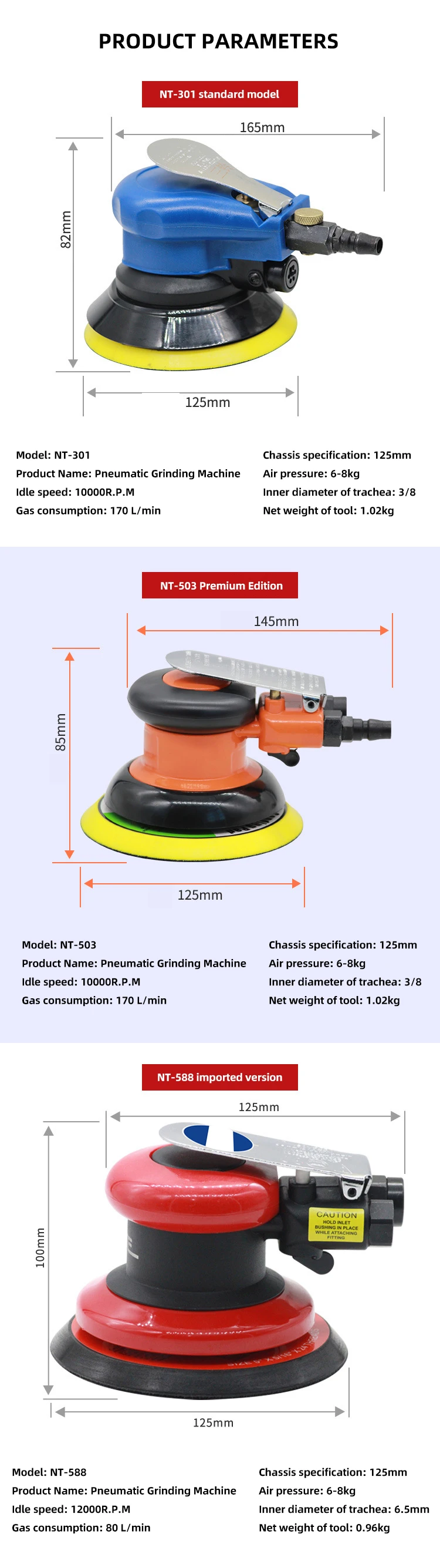 Personalizado 5 "ferramenta de lixamento pneumático de polidor industrial orbital aleatório de ar redondo para corpo de carro