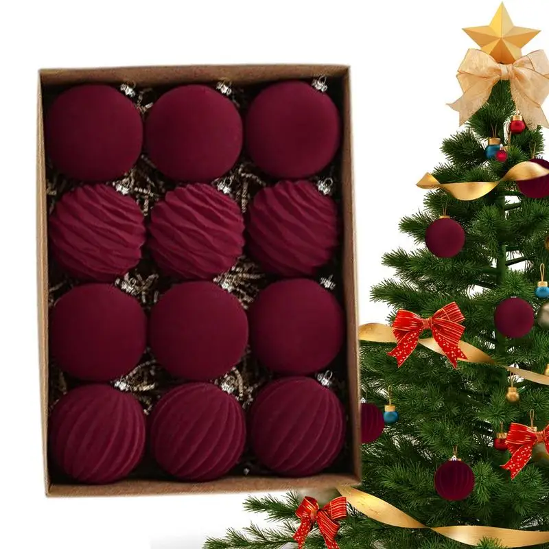 12Pcs/Box Christmas Flocked Cloth Velvet Balls Pendant Xmas Tree Hanging Ornaments Merry Christmas Decoration New Year Gift