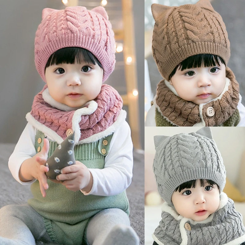 Kleinkind Baby Kinder Winter 2 Stück Beanie Mütze mit Knopf Kreis Schal Set Niedlicher Cartoon für Katzenohren Zopfmuster