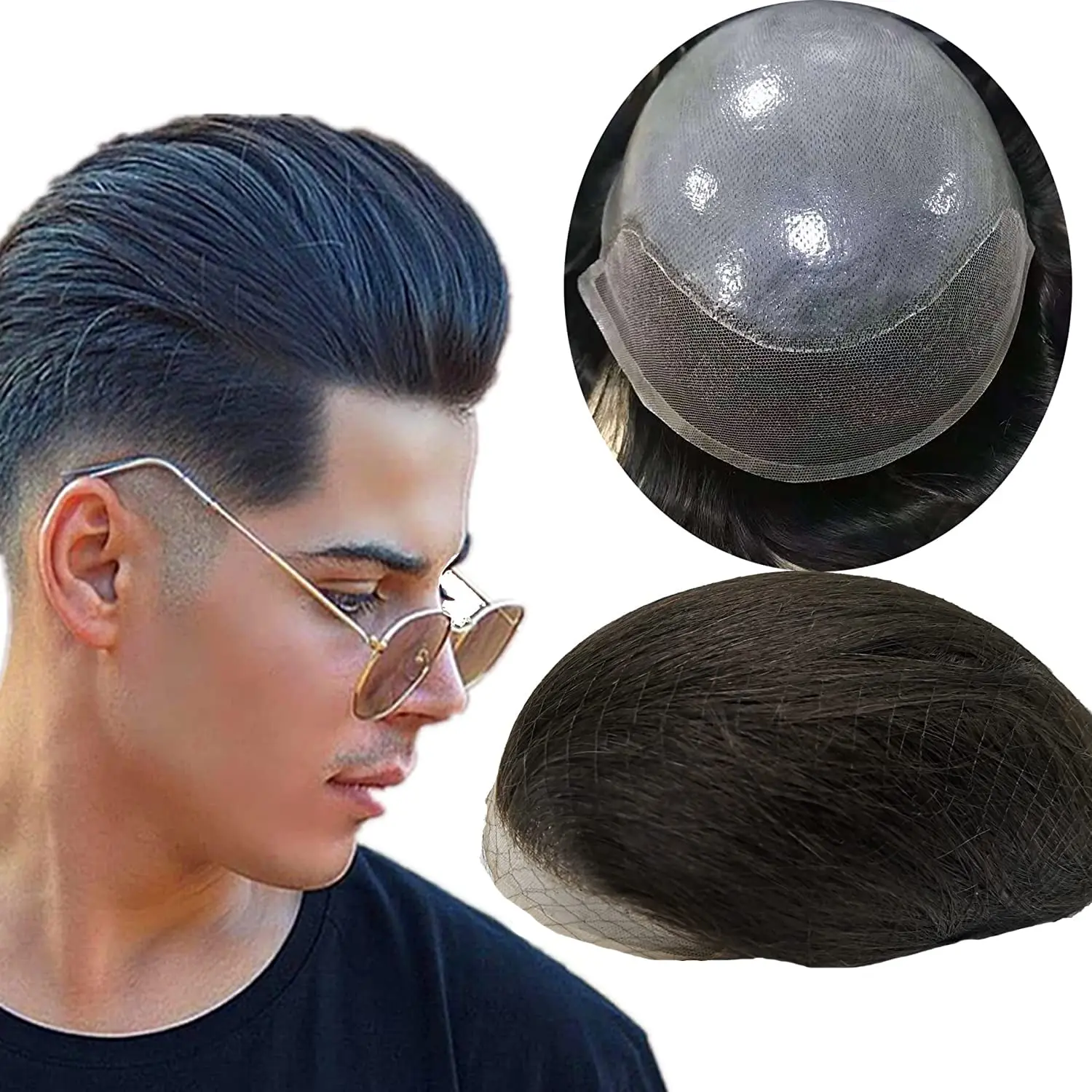 Toupee fino do plutônio com laço dianteiro para homens, 100% cabelo humano partes, prótese do cabelo, sistema de substituição, novo