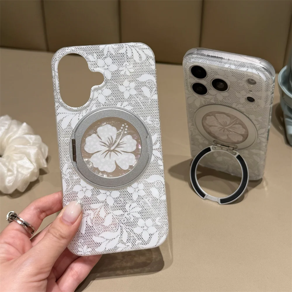 White Lace Hibiscus Flower Phone Case For iPhone 15 16 17 Pro Max For Magsafe Rotatable Foldable Stand Shockproof Protective