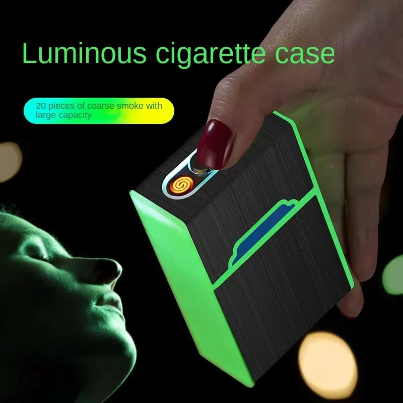 2024New 2 In 1 Luminous Cigarette Case 20pcs USB Rechargeable Cigarette Lighter Windproof and Dropproof Cigarette Case Gift