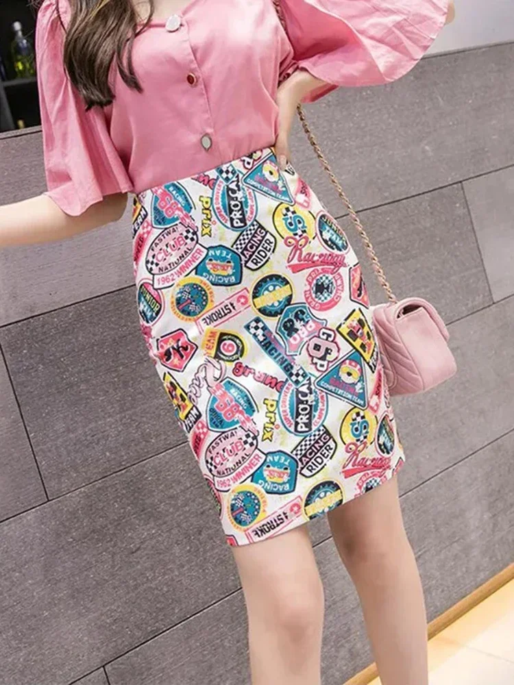 New Women\'s Pencil Skirt Cartoon Letters Print High Waist Bodycon Skirts Lady Summer Sexy Slim Female Mini Spodnica Falda SP615