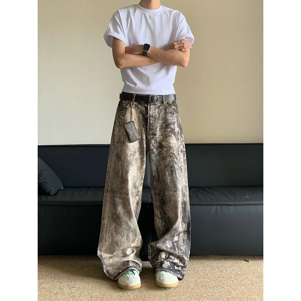 

Jeans Men Floor Length Pant Denim Pants Camouflage Print Loose Casual Straight Trousers Pocket Splice Autumn Winter