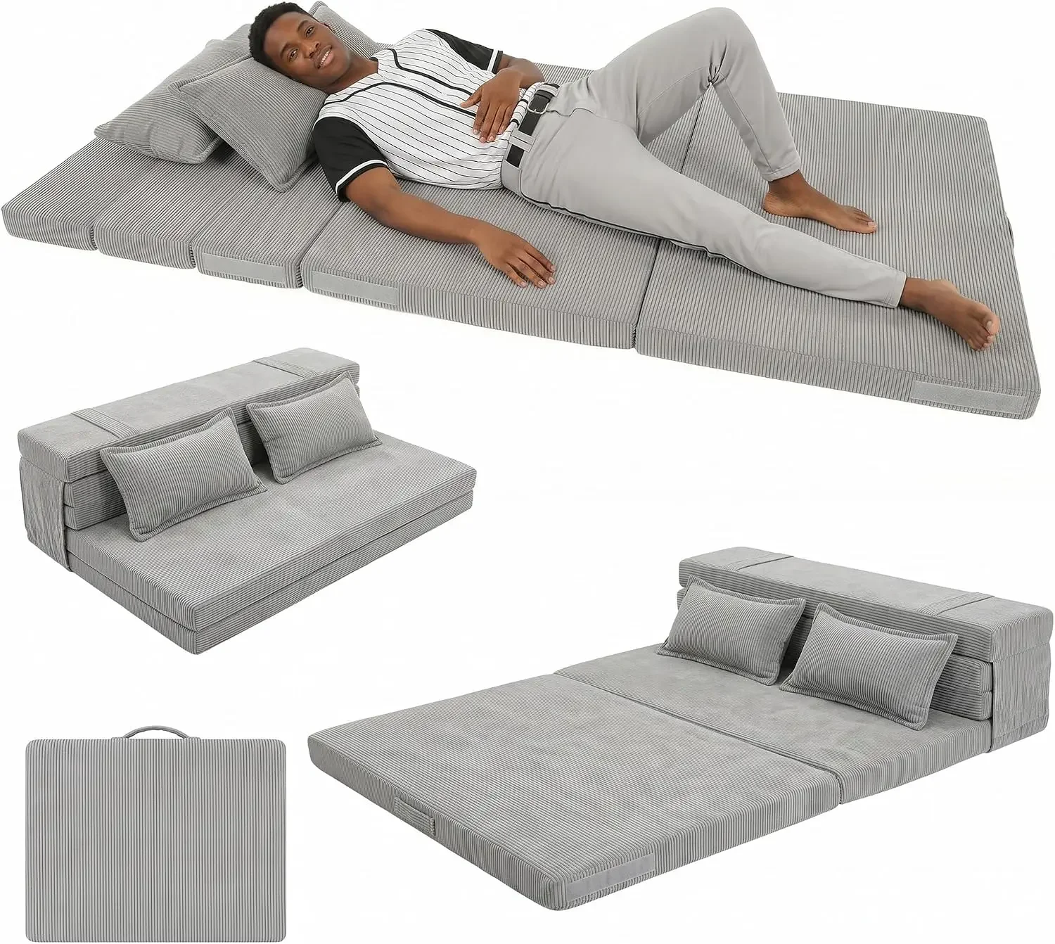 Tri-Fold Futon Mattress, Foldable Japanese Floor Sleep Mattress, High-Density Foam Tatami Bed Mat with Corduroy Cover, Floor