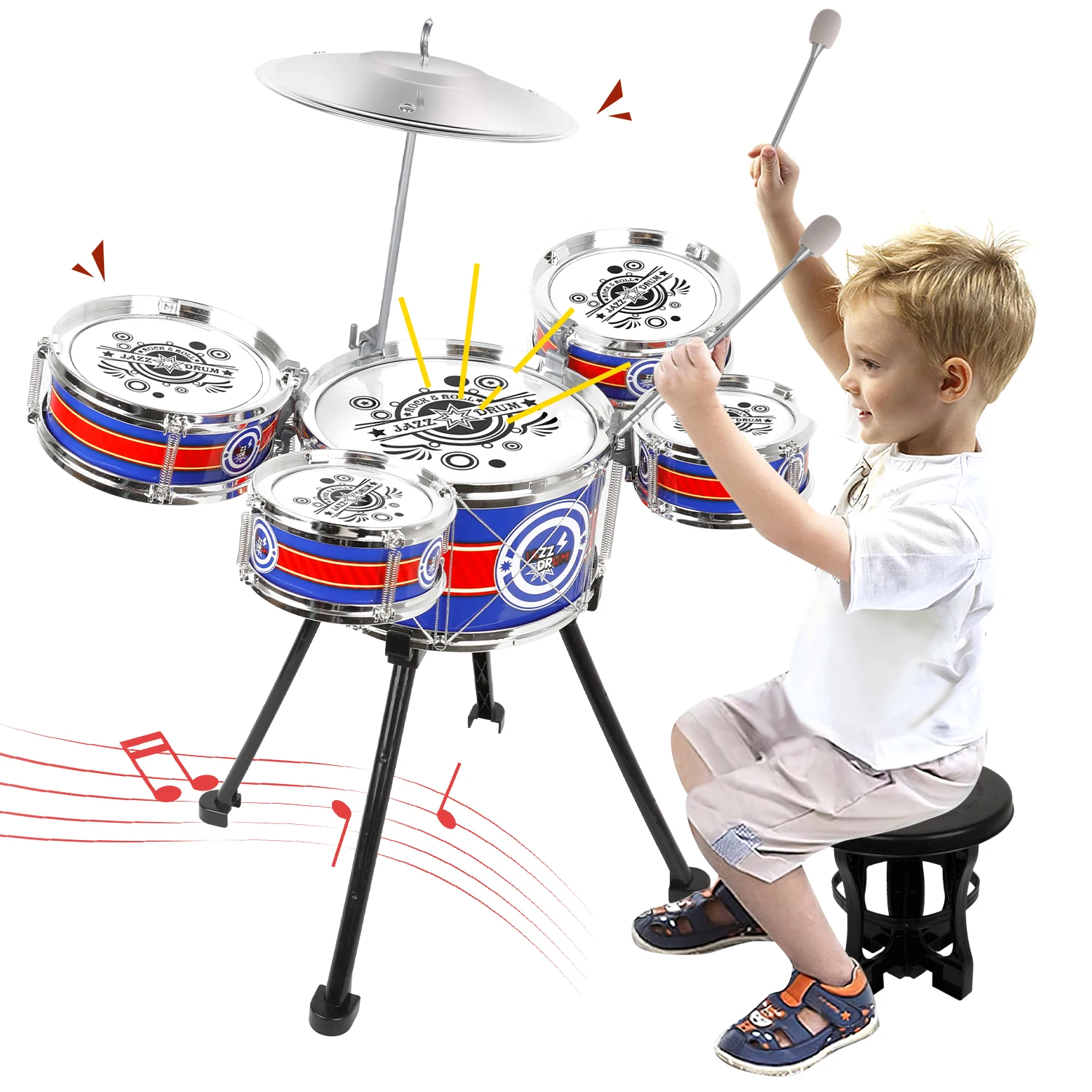 Juegos de tambor de juguete para niños, juego de tambor de Jazz para principiantes con taburete y 5 tambores, instrumentos musicales, juguetes para niños y niñas, regalos