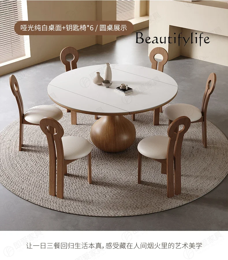 Medieval rock slab retractable household folding dining table ash wood square circle dual-purpose solid wood dining table