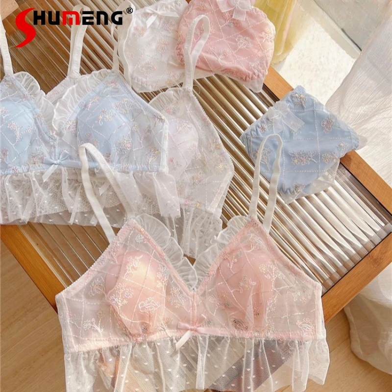 

Summer Ultra Thin Bra Set for Women Japanese Style Sweet Sexy Lace Sweet Brief Suits Female Street Wear Lace Intimates
