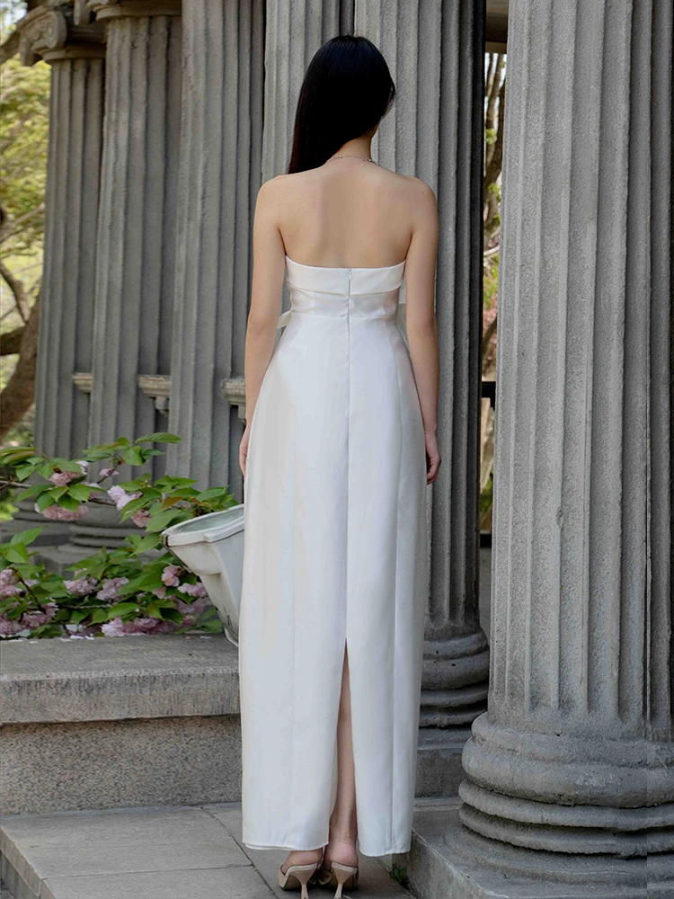 Reddachic feminino bowknot cetim vestido de noite branco brilhante texturizado sem alças espartilho fenda vestido longo formatura roupas formais