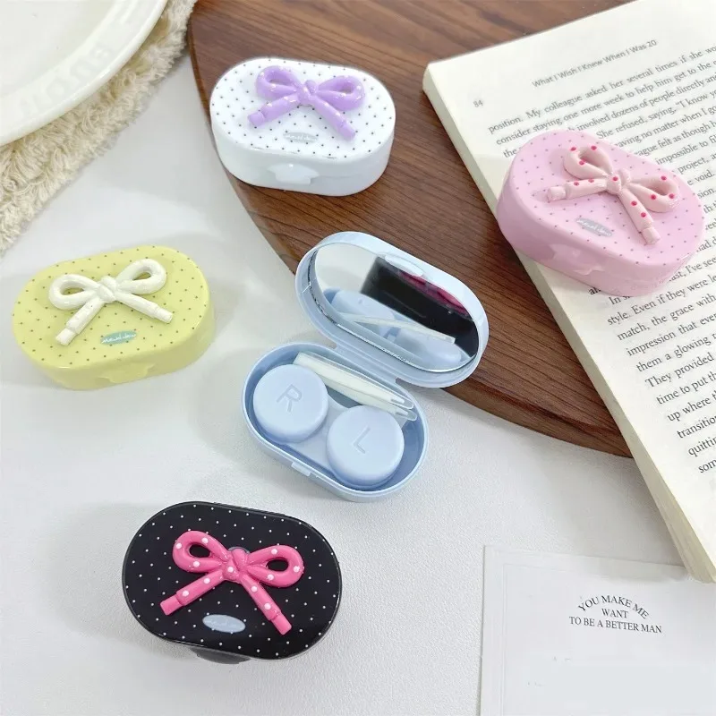Sweet Bowknot Decor Dot Pattern Contact Lens Holder Lightweight Portable Daily Contact Lens Case For Girls