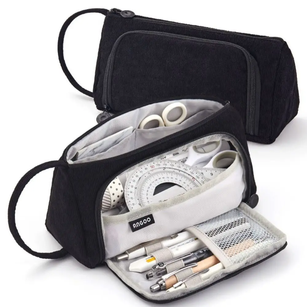 New Corduroy Pen Bag Large Capacity Double-layer Pencil Case Multifunctional Stationery Organizer Students
