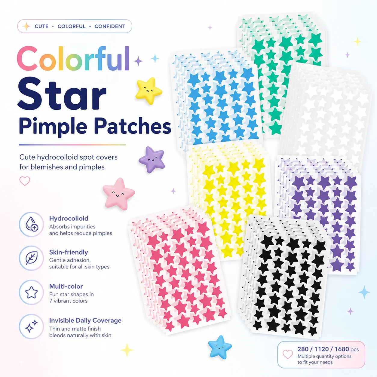 Skincare Gentle - 280/1120/1680pcs Seven-Color Star Pimple Patches –