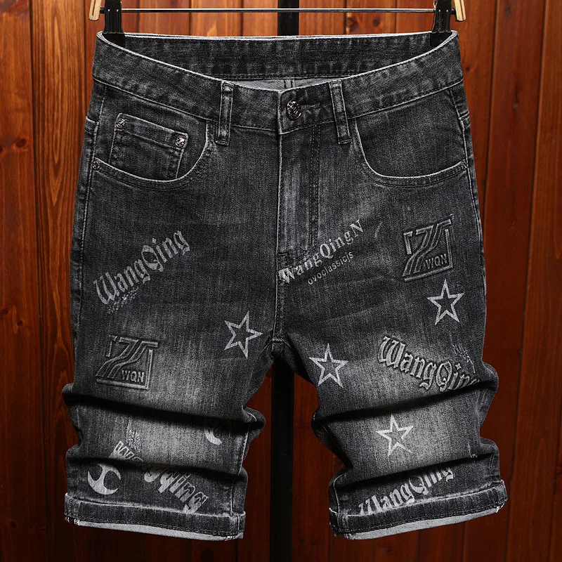 

2025 summer thin denim shorts for men's fashion, light luxury printed design, elastic slimming trend, quarter pants