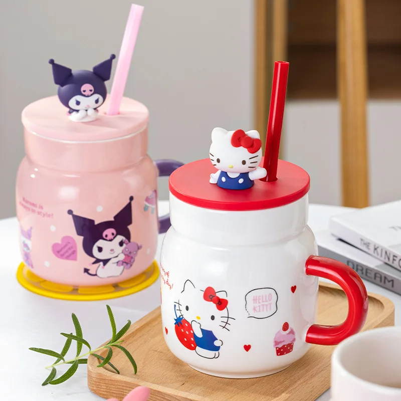 Taza de cerámica de hello kitty sanrio, vaso de paja de silicona con tapa, my melody, canela, perro, taza de agua, lindo Hogar, niña, regalo de cumpleaños, anime