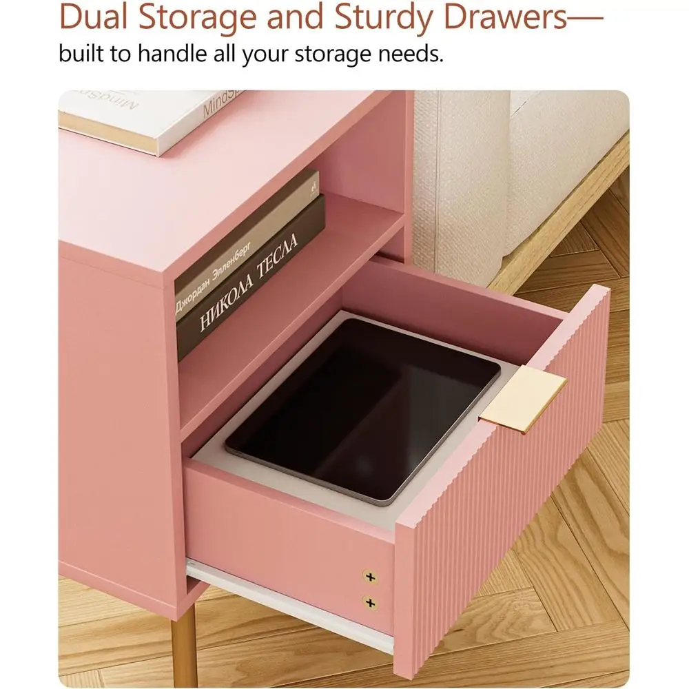 Mesa de cabeceira rosa de inspiração vintage com gaveta e prateleira para quarto e sala de estar