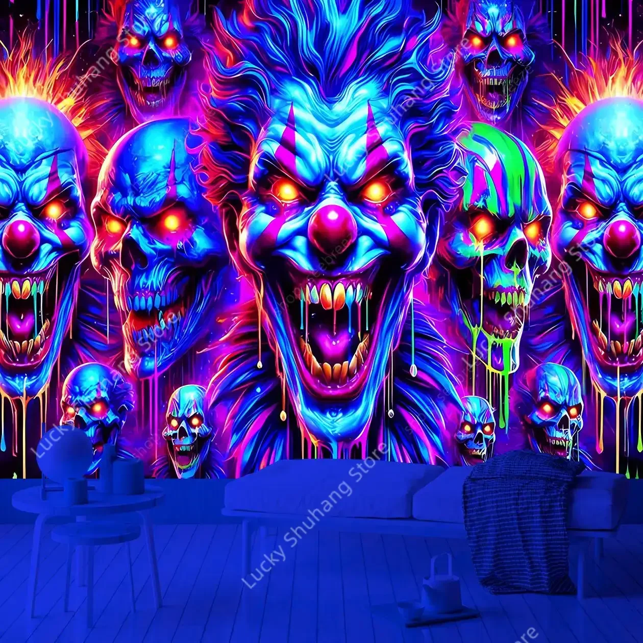 Tapisserie UV de Clown terrifiant en forme de crâne néon, Art mural d'horreur affascinant, décor de salle de jeux pour chambre à coucher, Macabre gothique Unique