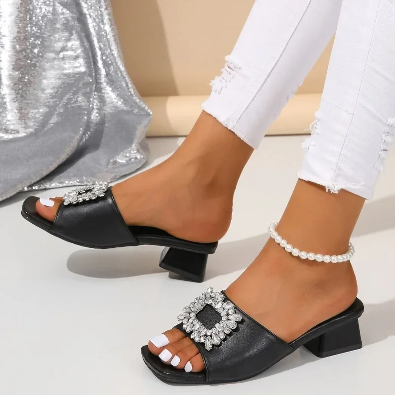 Ladies Shoes 2024 High Quality Peep Toe Women\'s Slippers Fashion Crystal Dress Slippers Women New Square Toe Heels Women Zapatos