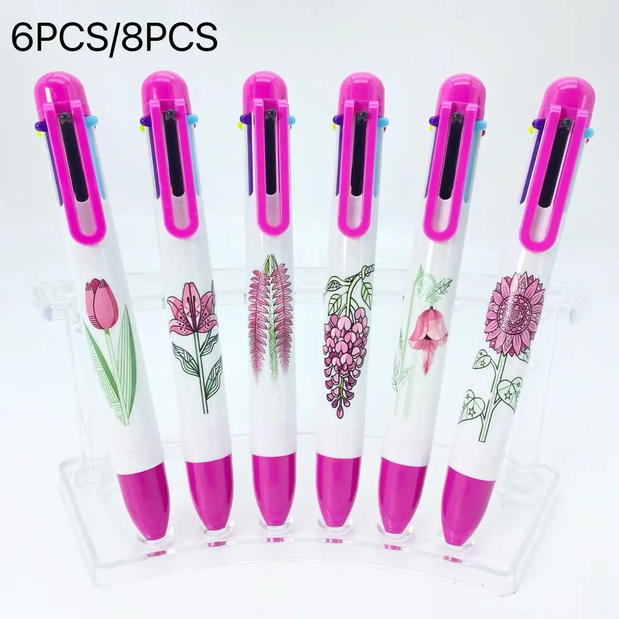 

6PCS/8PCS Creative Floral Design Multicolor Ballpoint Pens Romantic Magenta Set Student Writing Pens Six-Color Ballpoint Pen