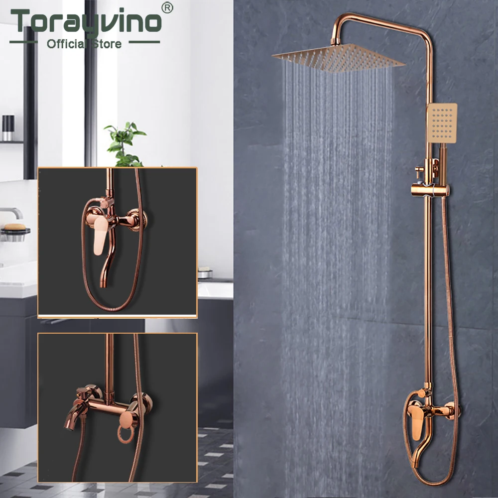 

Torayvino Rose Gold Rectangle Rainfall Shower Head Bathroom Showers Faucet Wall Mounted Bathtub Shower System Mixer Water Tap