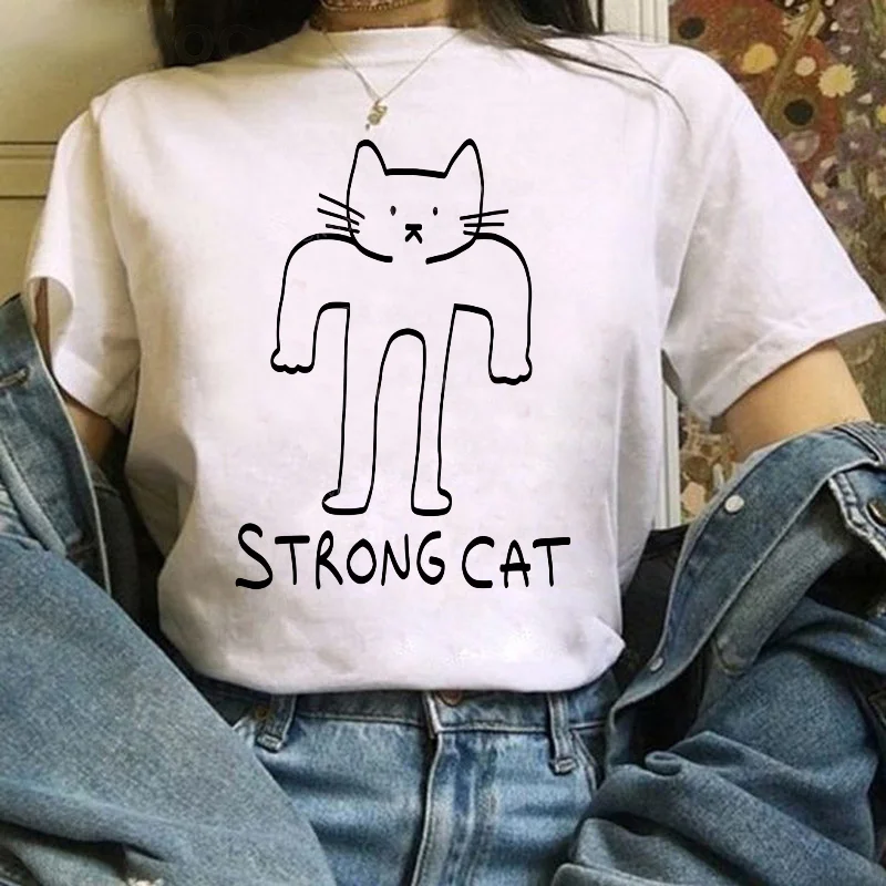 Minimalist Line Art Strong Cat Graphic Unisex T Shirt Cartoon Kitten Letter Print Loose Casual Top