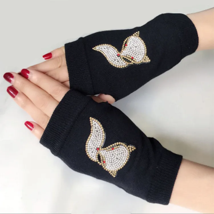 Fingertip Rivet meio dedo luvas, Sailor Dance Performance, Lã preta