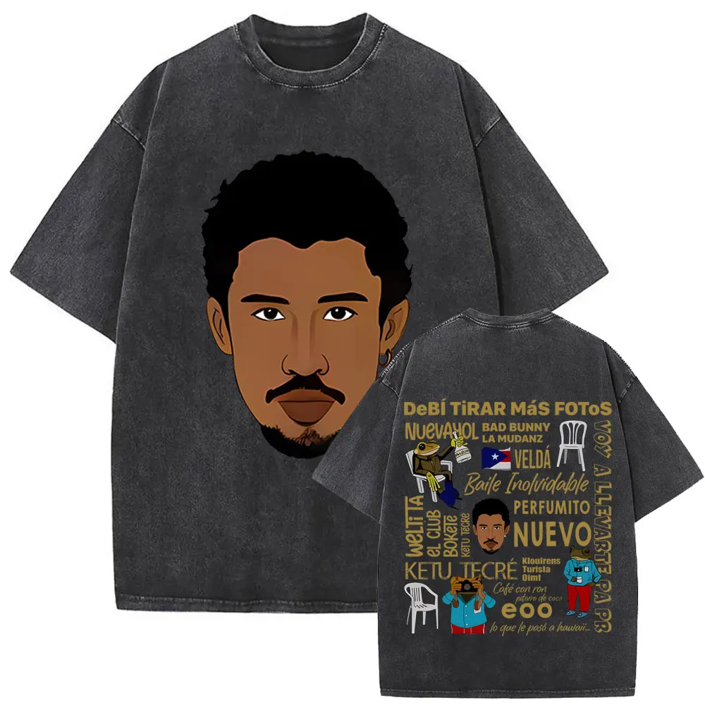 

Washed Vintage Bad Bunny Face Graphic T-shirt Debi Tirar Mas Fotos DTMF T-shirts Men Women Hip Hop Oversized T Shirts Streetwear