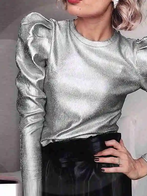 

Повседневные уличные серебристые топы и блузки для женщин: приталенные, с длинным рукавом, круглым вырезом, для осеннего гардероба.