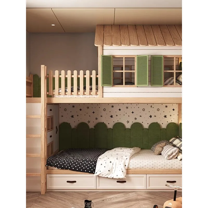 American solid wood house tree house bed, luxury castle bunk, mother and child bed with ladder cabinet