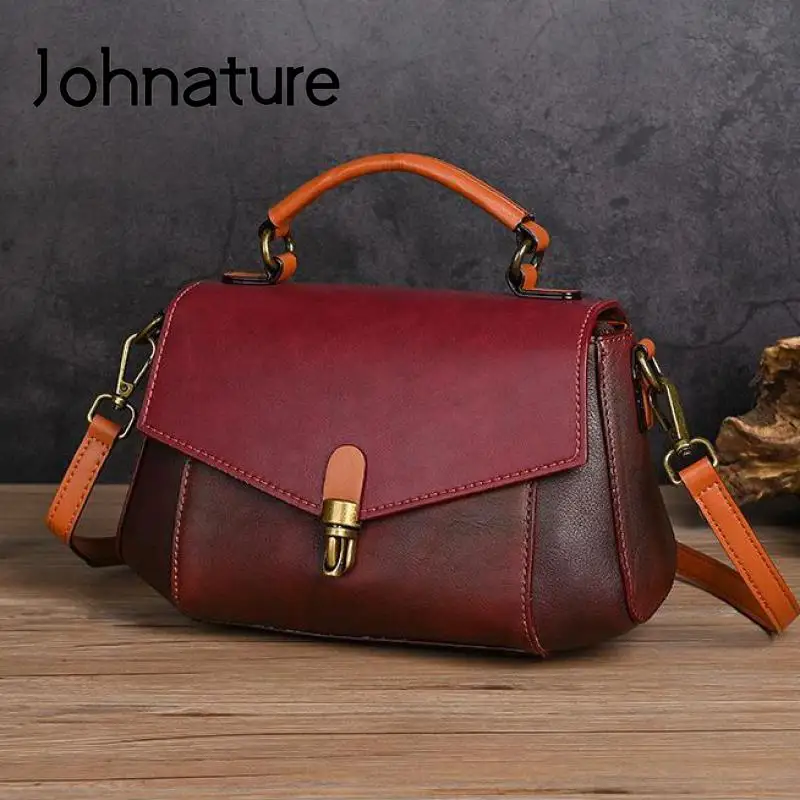 Borsa vintage Johnature 2024 nuova borsa da donna in vera pelle tinta unita versatile vera pelle bovina borse a tracolla e a tracolla casual