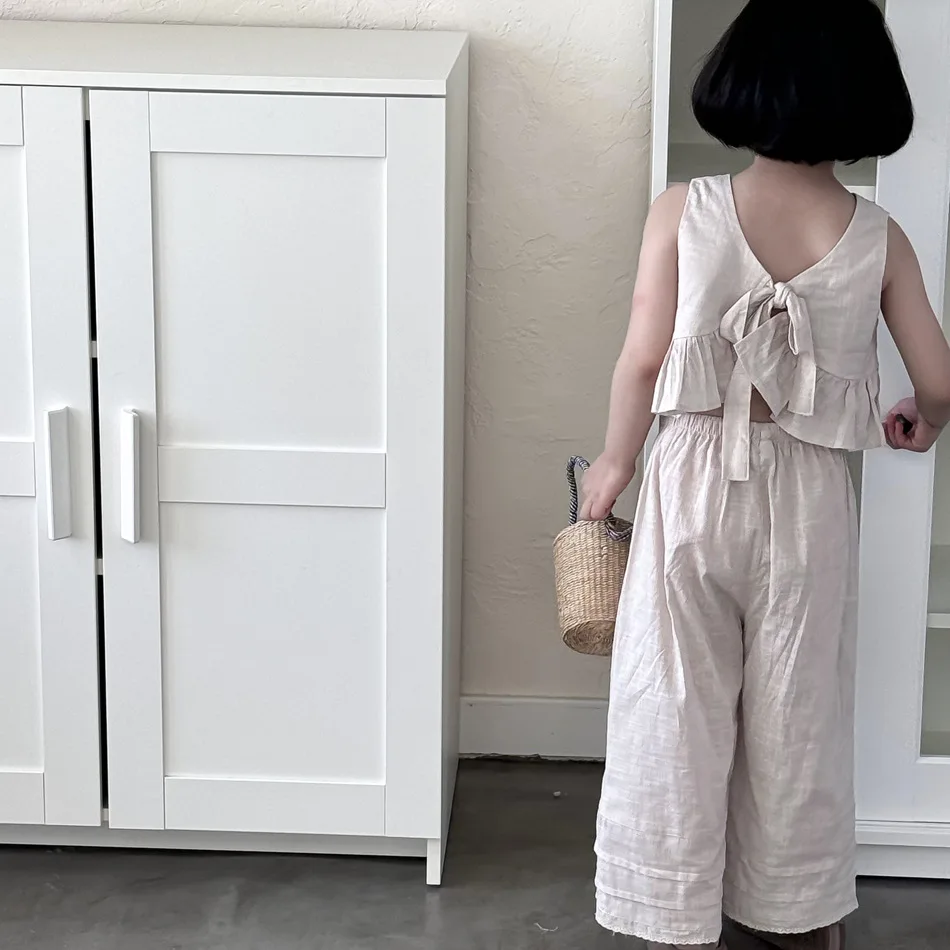 Conjunto de dos piezas de ropa para niña, chaleco con lazo trasero, pantalones de pierna ancha, traje sólido de nicho de temperamento para niña