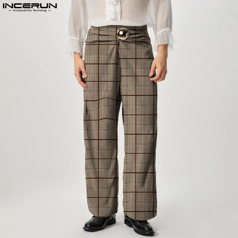 

INCERUN Casual Wide Leg Long Pants 2024 Men Handsome Kink Design Simple Trousers Fashion Metal Buckle Loose Colorblock Bottoms