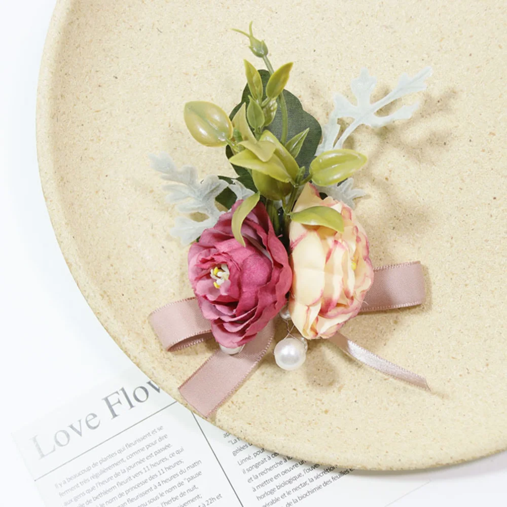 Colorato seta rosa Boutonniere per matrimonio per uomo fiori finti perle di pizzo polso corpetto decorazione matrimonio accessori da sposa