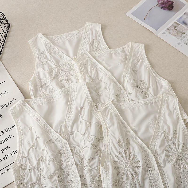 Elegant Women Fashion V-neck Floral Beading White Vest Summer Crochet Lace-Trim Boho Style Short Jacket Waistcoat Cover Up Top